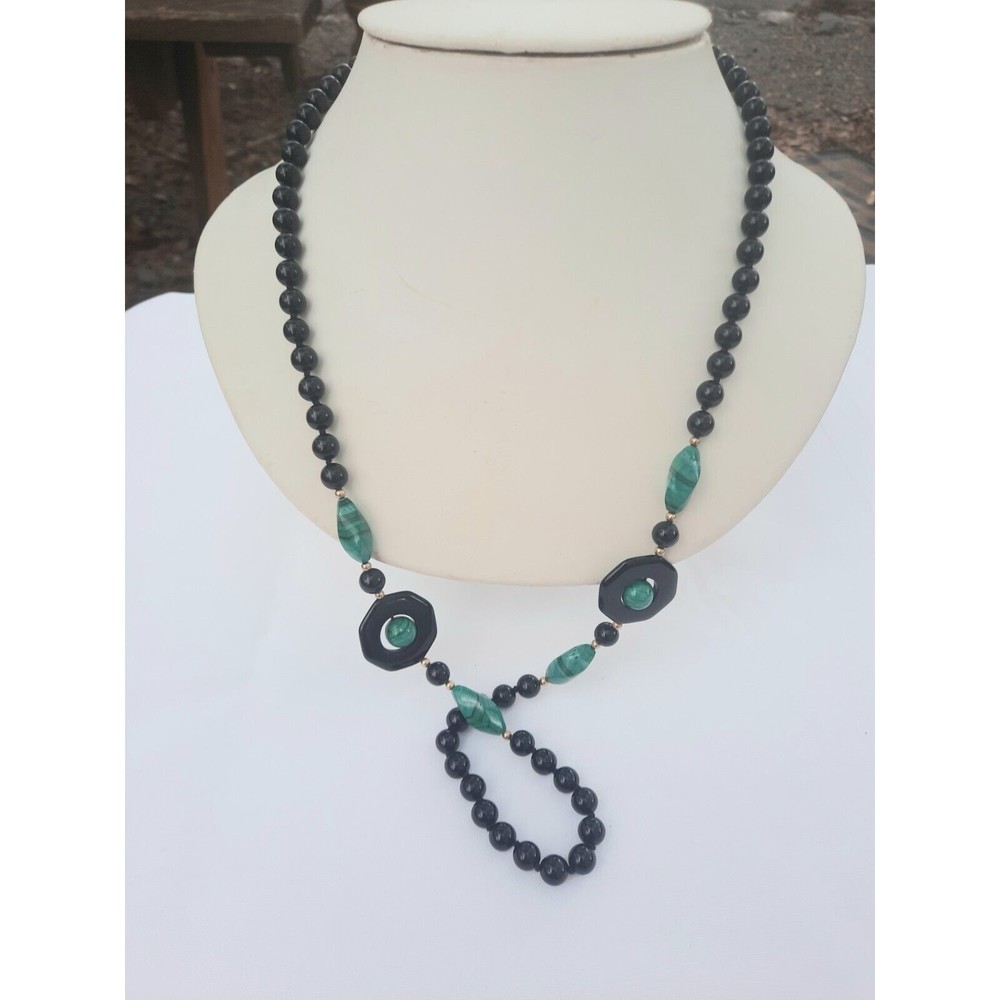 Vintage Art Deco style long Black Onyx and Malachite Necklace, 30 inches long